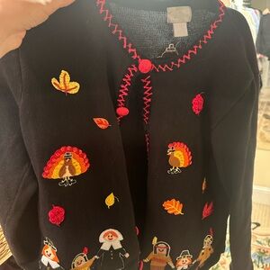 Vintage turkey thanksgiving Festive Black Sweater with Embroidered Accents